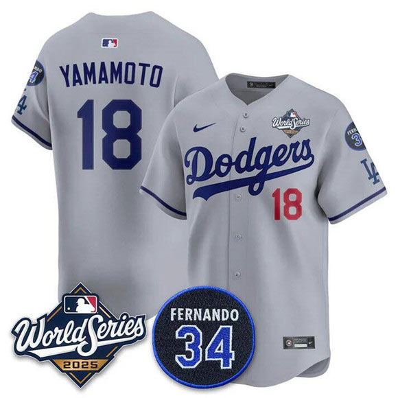 Men's Los Angeles Dodgers 18 Yoshinobu Yamamoto Gray 2025 World Series With No. 34 Patch Limited Stitched Jersey