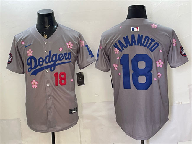 Men's Los Angeles Dodgers 18 Yoshinobu Yamamoto Grey 2025 Tokyo Series Limited Stitched Baseball Jersey