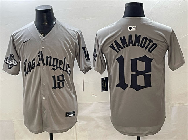 Men's Los Angeles Dodgers 18 Yoshinobu Yamamoto Grey LA Gothic Style With 2025 World Series Champions Patch Limited Stitched Baseball Jersey