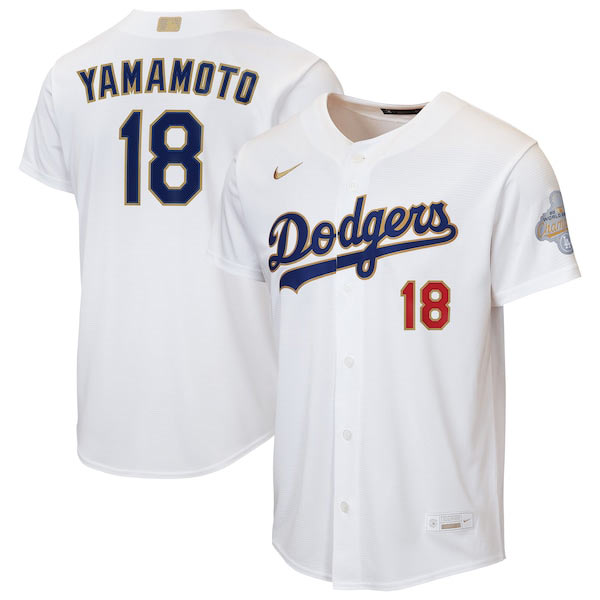 Men's Los Angeles Dodgers 18 Yoshinobu Yamamoto Nike White 2026 Gold Collection Home Replica Jersey