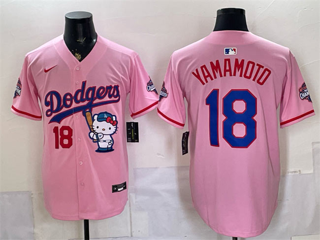Men's Los Angeles Dodgers 18 Yoshinobu Yamamoto Pink Hello Kitty Night 2025 World Series Champions Patch Stitched Baseball Jersey