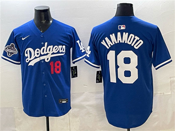 Men's Los Angeles Dodgers 18 Yoshinobu Yamamoto Royal 2025 World Series Champions Patch Limited Stitched Baseball Jersey