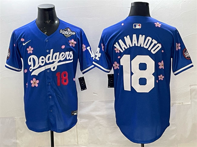Men's Los Angeles Dodgers 18 Yoshinobu Yamamoto Royal 2025 World Series Patch Tokyo Series Limited Stitched Baseball Jersey