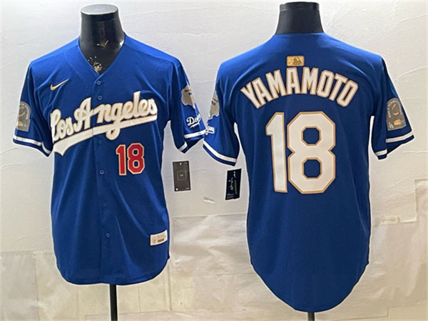 Men's Los Angeles Dodgers 18 Yoshinobu Yamamoto Royal 2026 Gold Collection 9x & B2B Champs Patch Stitched Baseball Jersey