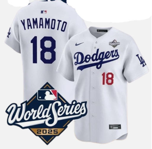 Men's Los Angeles Dodgers 18 Yoshinobu Yamamoto White 2025 World Series Home Limited Stitched Baseball Jersey