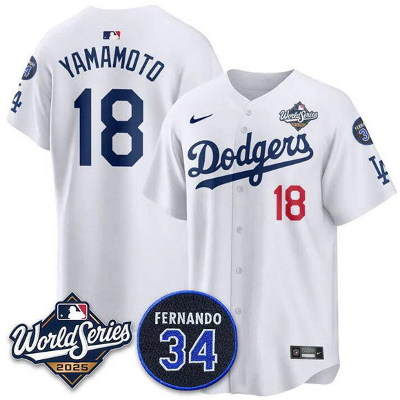 Men's Los Angeles Dodgers 18 Yoshinobu Yamamoto White 2025 World Series With No. 34 Patch Limited Stitched Jersey