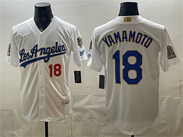 Men's Los Angeles Dodgers 18 Yoshinobu Yamamoto White 2026 Gold Collection 9x & B2B Champs Patch Stitched Baseball Jersey