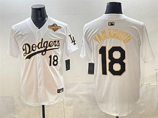 Men's Los Angeles Dodgers 18 Yoshinobu Yamamoto White Gold 2025 World Series Patch Limited Stitched Baseball Jersey