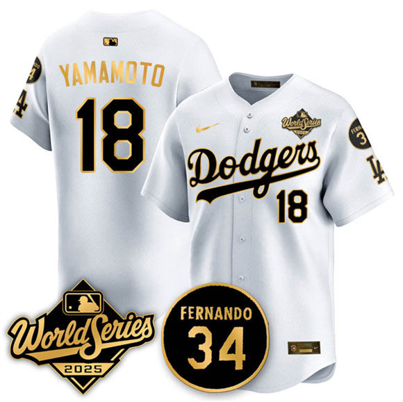 Men's Los Angeles Dodgers 18 Yoshinobu Yamamoto White Gold 2025 World Series With No.34 Patch Limited Stitched Baseball Jersey