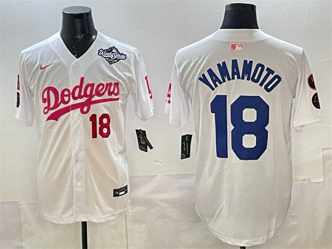 Men's Los Angeles Dodgers 18 Yoshinobu Yamamoto White Pink 2025 World Series Vin & Kobe Patch Limited Stitched Baseball Jersey