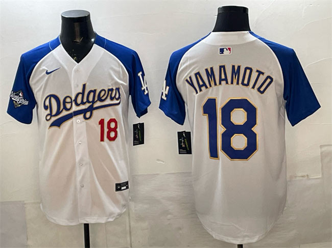 Men's Los Angeles Dodgers 18 Yoshinobu Yamamoto White Royal 2025 World Series Patch Limited Stitched Baseball Jersey