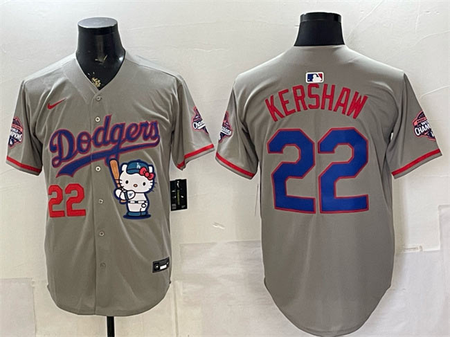 Men's Los Angeles Dodgers 22 Clayton Kershaw Grey Hello Kitty Night 2025 World Series Champions Patch Stitched Baseball Jersey