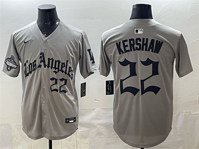 Men's Los Angeles Dodgers 22 Clayton Kershaw Grey LA Gothic Style With 2025 World Series Champions Patch Limited Stitched Baseball Jersey