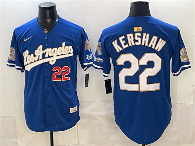 Men's Los Angeles Dodgers 22 Clayton Kershaw Royal 2026 Gold Collection 9x & B2B Champs Patch Stitched Baseball Jersey