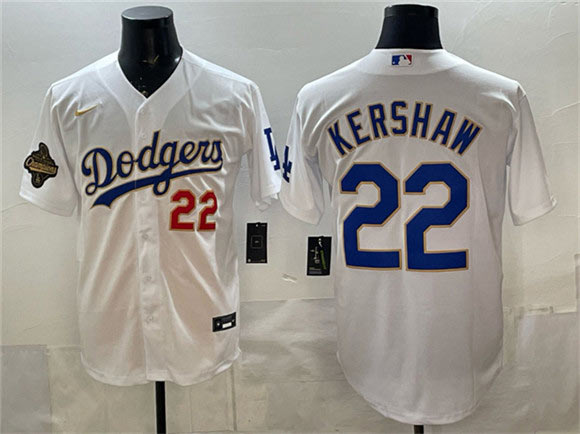 Men's Los Angeles Dodgers 22 Clayton Kershaw White 2025 World Series Champions Patch Stitched Baseball Jersey