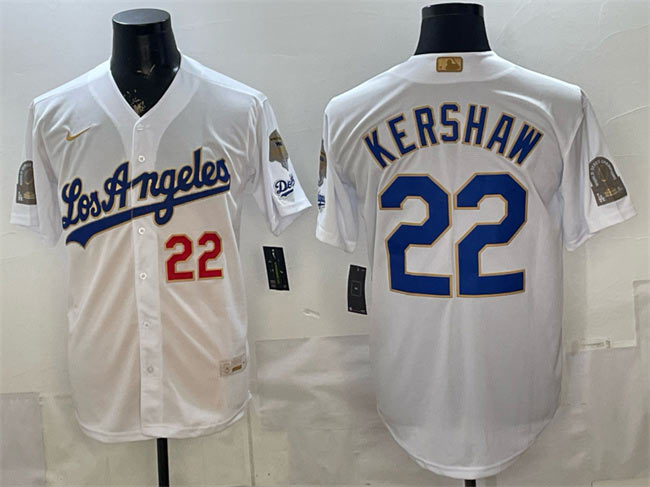 Men's Los Angeles Dodgers 22 Clayton Kershaw White 2026 Gold Collection 9x & B2B Champs Patch Stitched Baseball Jersey