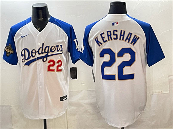 Men's Los Angeles Dodgers 22 Clayton Kershaw White Royal 2025 World Series Champions Patch Limited Stitched Baseball Jersey
