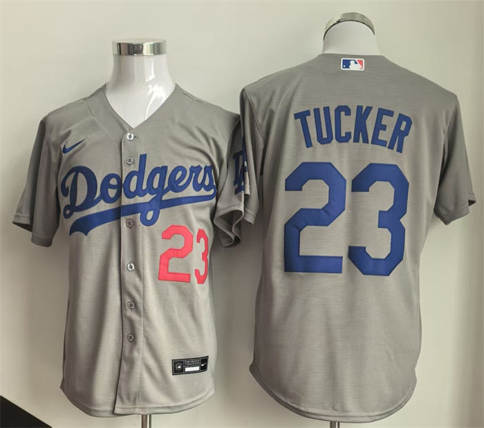 Men's Los Angeles Dodgers 23 Kyle Tucker Grey Cool Base Limited Stitched Baseball Jersey