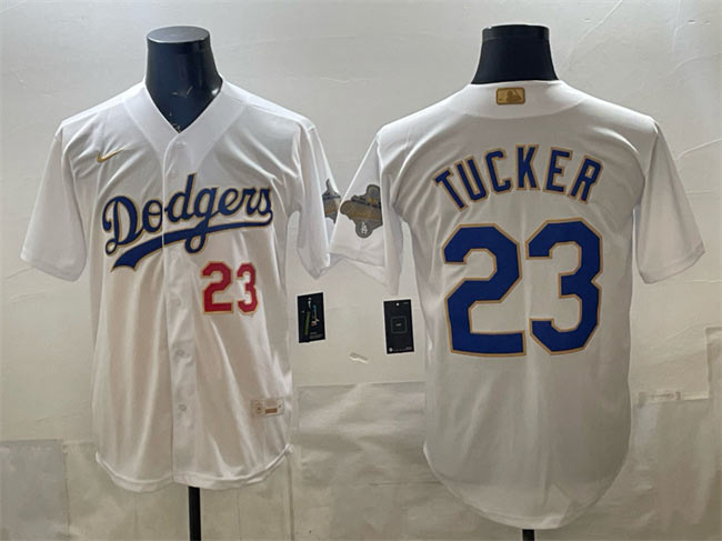 Men's Los Angeles Dodgers 23 Kyle Tucker White 2026 Gold Collection Stadium Stitched Baseball Jersey