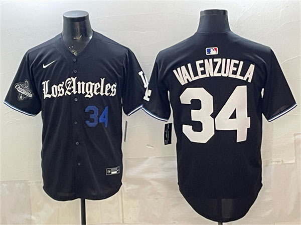 Men's Los Angeles Dodgers 34 Fernando Valenzuela Black 2025 World Series Champions Patch 'Gothic Edition' Vapor Premier Limited Stitched Baseball Jersey