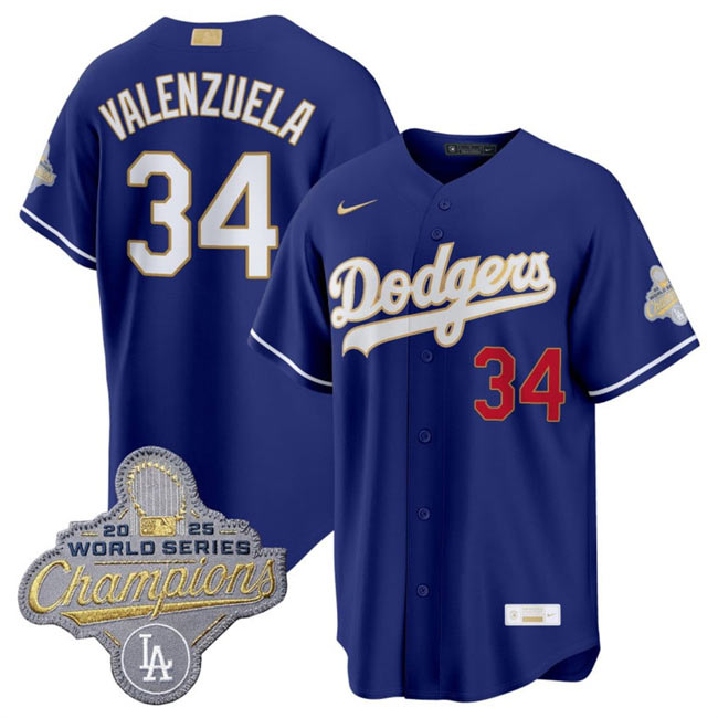 Men's Los Angeles Dodgers 34 Fernando Valenzuela Royal 2026 Alternate Gold Collection Stadium Stitched Baseball Jersey
