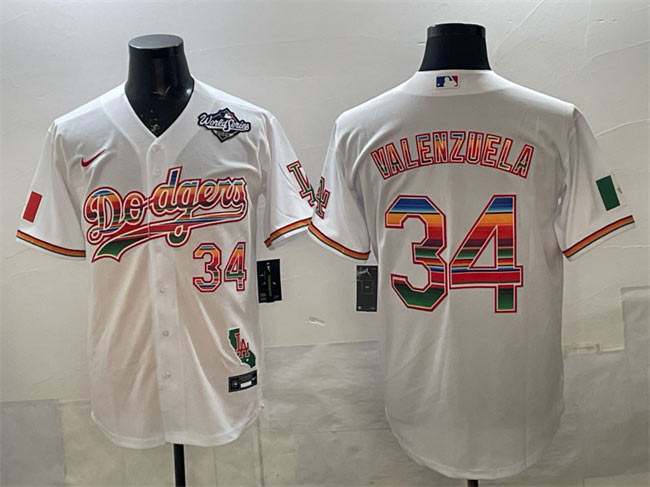 Men's Los Angeles Dodgers 34 Fernando Valenzuela White Mexico California Patch 2025 World Series Patch Stitched Baseball Jersey