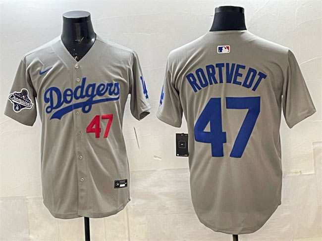 Men's Los Angeles Dodgers 47 Ben Rortvedt Gray 2025 World Series Champions Patch Limited Stitched Baseball Jersey