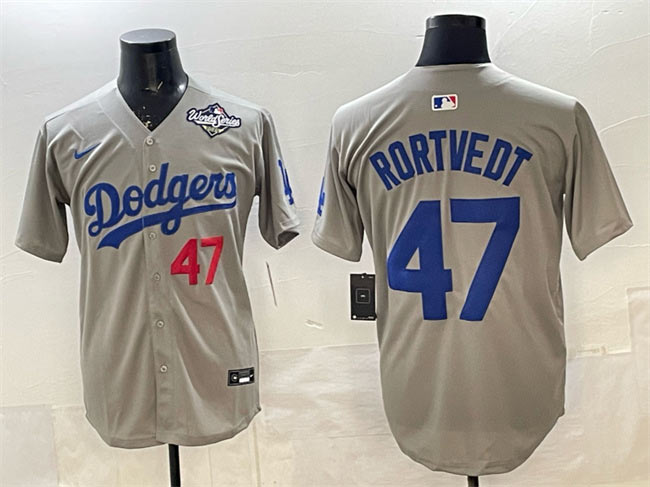 Men's Los Angeles Dodgers 47 Ben Rortvedt Gray 2025 World Series Patch Limited Stitched Baseball Jersey