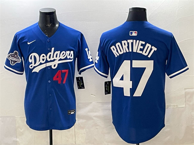 Men's Los Angeles Dodgers 47 Ben Rortvedt Royal 2025 World Series Champions Patch Limited Stitched Baseball Jersey