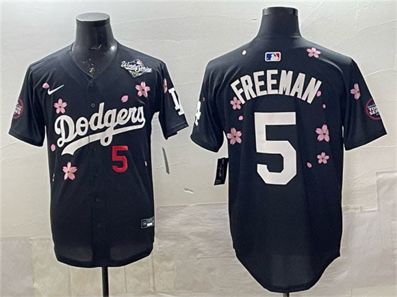 Men's Los Angeles Dodgers 5 Freddie Freeman Black 2025 World Series Patch Tokyo Series Limited Stitched Baseball Jersey