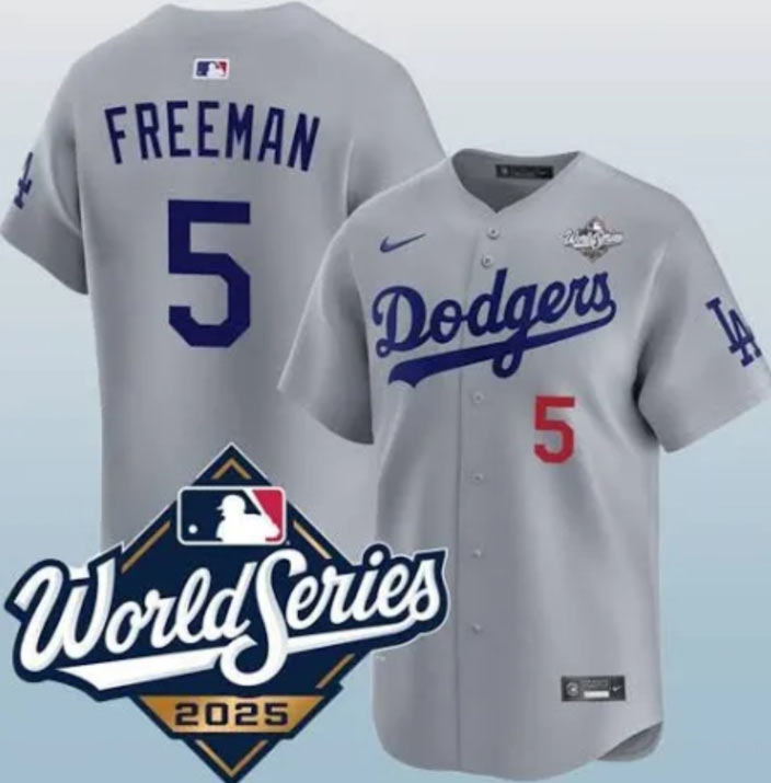 Men's Los Angeles Dodgers 5 Freddie Freeman Gray 2025 World Series Limited Stitched Baseball Jersey