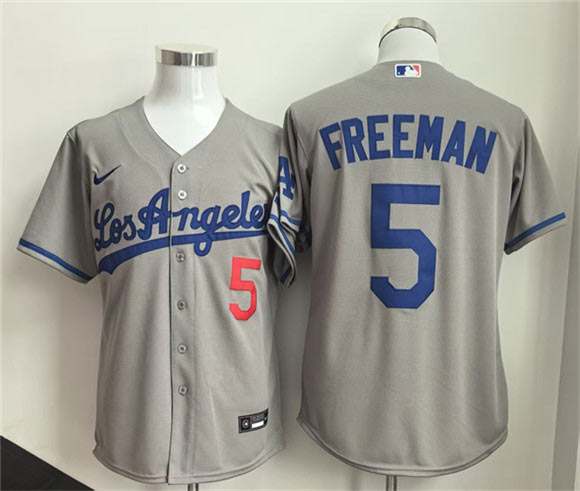 Men's Los Angeles Dodgers 5 Freddie Freeman Gray Cool Base Stitched Baseball Jersey