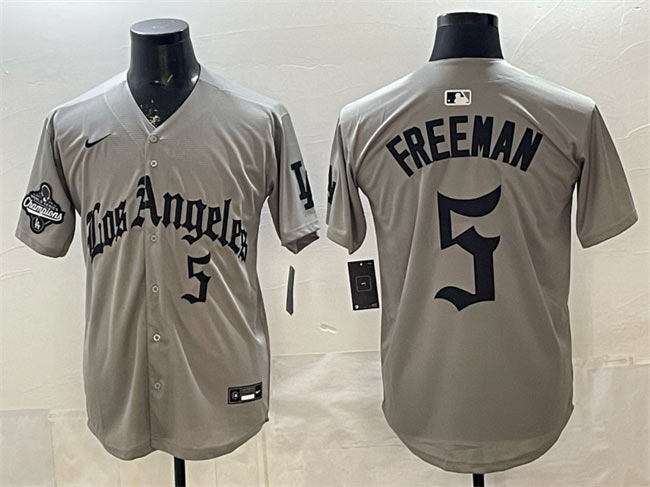 Men's Los Angeles Dodgers 5 Freddie Freeman Grey LA Gothic Style With 2025 World Series Champions Patch Limited Stitched Baseball Jersey