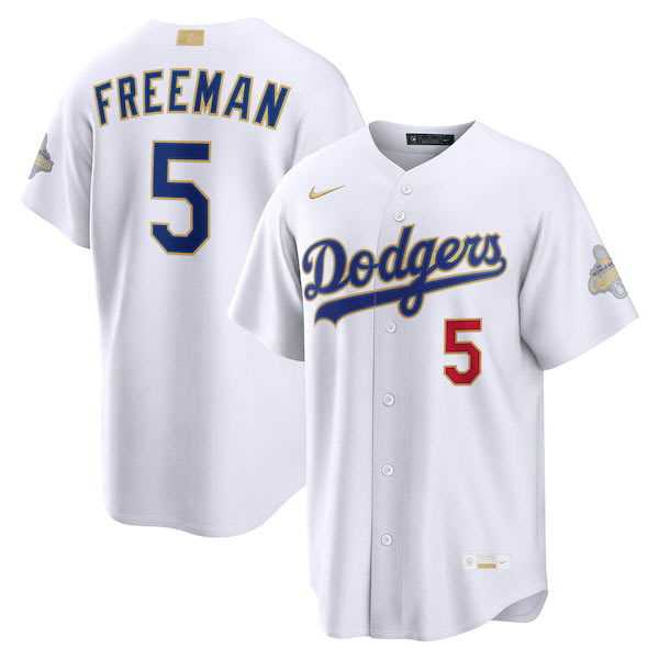 Men's Los Angeles Dodgers 5 Freddie Freeman Nike White 2026 Gold Collection Stadium Jersey