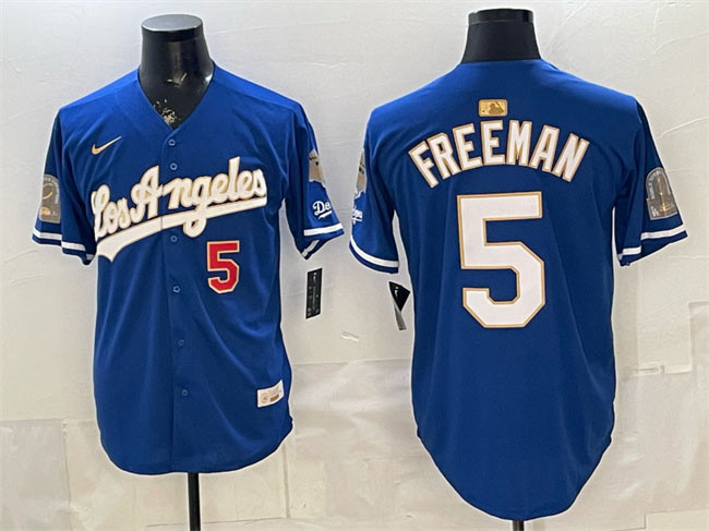 Men's Los Angeles Dodgers 5 Freddie Freeman Royal 2026 Gold Collection 9x & B2B Champs Patch Stitched Baseball Jersey