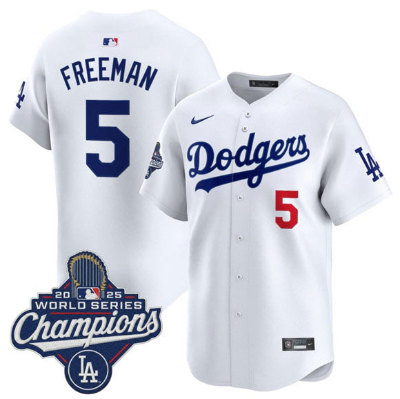 Men's Los Angeles Dodgers 5 Freddie Freeman White 2025 Champions Stitched Baseball Jersey