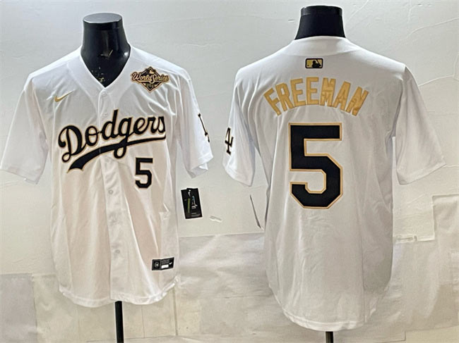 Men's Los Angeles Dodgers 5 Freddie Freeman White Gold 2025 World Series Limited Stitched Baseball Jersey