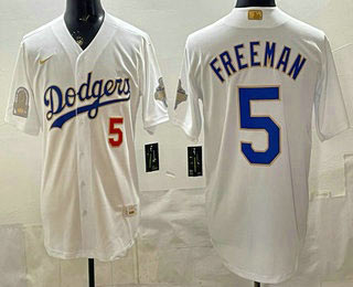 Men's Los Angeles Dodgers 5 Freddie Freeman White Gold World Series Champions Collection Limited Jersey