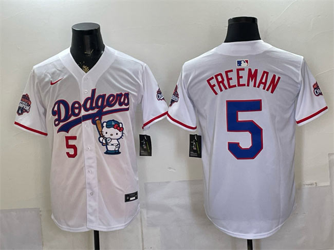 Men's Los Angeles Dodgers 5 Freddie Freeman White Hello Kitty Night 2025 World Series Champions Patch Stitched Baseball Jersey
