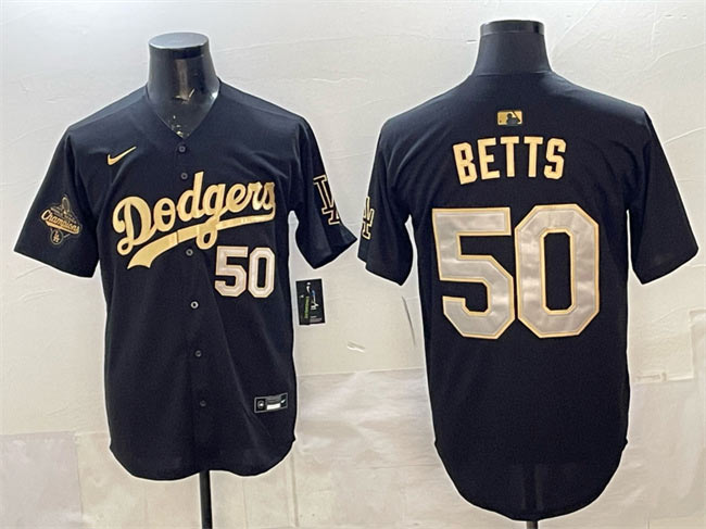 Men's Los Angeles Dodgers 50 Mookie Betts Black Gold 2025 World Series Champions Patch Limited Stitched Baseball Jersey