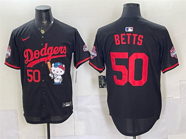 Men's Los Angeles Dodgers 50 Mookie Betts Black Hello Kitty Night 2025 World Series Champions Patch Stitched Baseball Jersey
