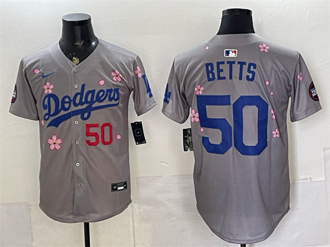 Men's Los Angeles Dodgers 50 Mookie Betts Grey 2025 Tokyo Series Limited Stitched Baseball Jersey