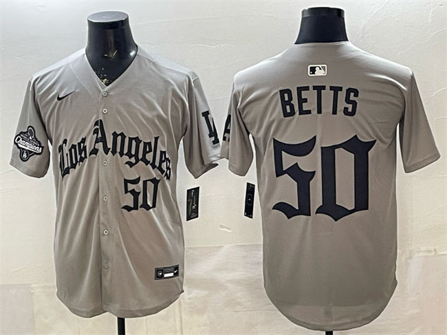 Men's Los Angeles Dodgers 50 Mookie Betts Grey LA Gothic Style With 2025 World Series Champions Patch Limited Stitched Baseball Jersey