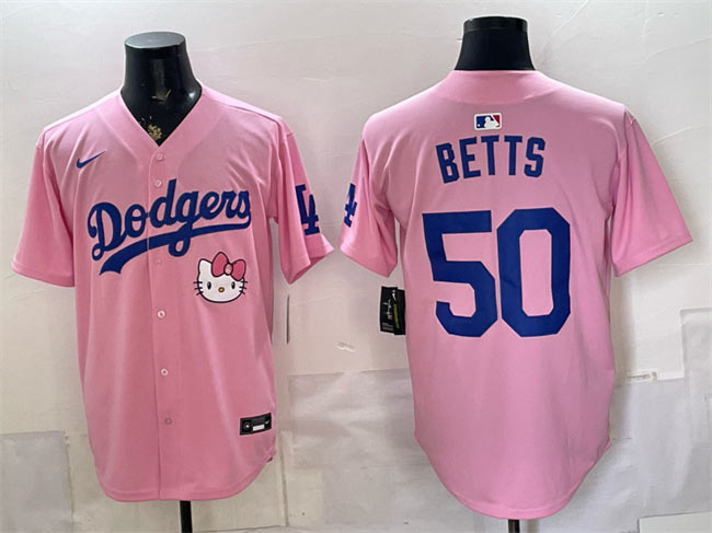 Men's Los Angeles Dodgers 50 Mookie Betts Pink 2025 Hello Kitty Vapor Limited Stitched Baseball Jersey