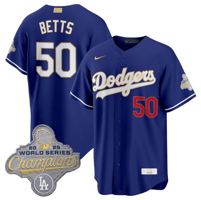Men's Los Angeles Dodgers 50 Mookie Betts Royal 2026 Alternate Gold Collection Stadium Stitched Baseball Jersey