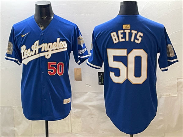 Men's Los Angeles Dodgers 50 Mookie Betts Royal 2026 Gold Collection 9x & B2B Champs Patch Stitched Baseball Jersey