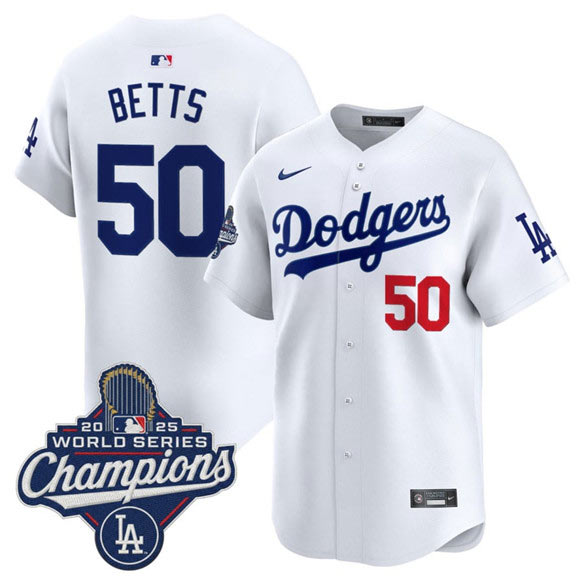 Men's Los Angeles Dodgers 50 Mookie Betts White 2025 Champions Stitched Baseball Jersey