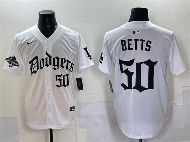 Men's Los Angeles Dodgers 50 Mookie Betts White 2025 LA Gothic Style With 2024 World Series Champions Patch Vapor Premier Limited Stitched Baseball Jersey
