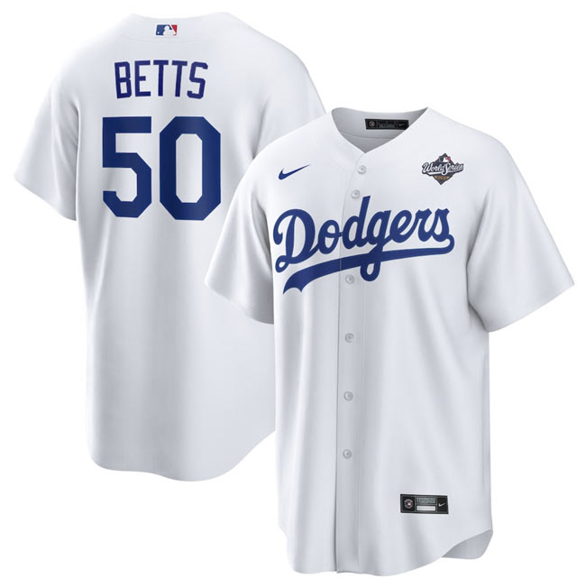 Men's Los Angeles Dodgers 50 Mookie Betts White 2025 World Series Home Cool Base Stitched Baseball Jersey