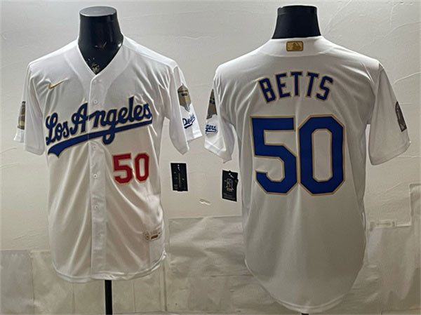 Men's Los Angeles Dodgers 50 Mookie Betts White 2026 Gold Collection 9x & B2B Champs Patch Stitched Baseball Jersey